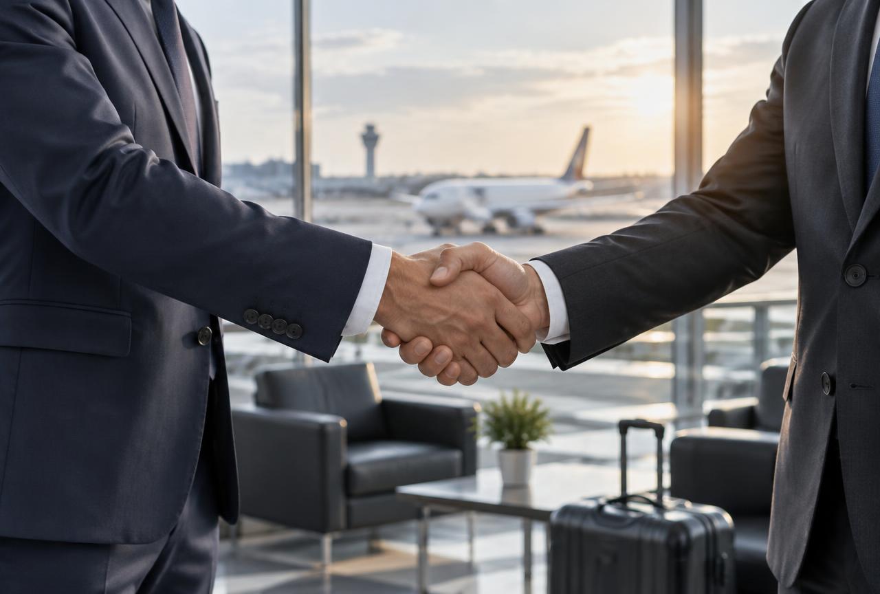 Business travelers shaking hands in an airport lounge